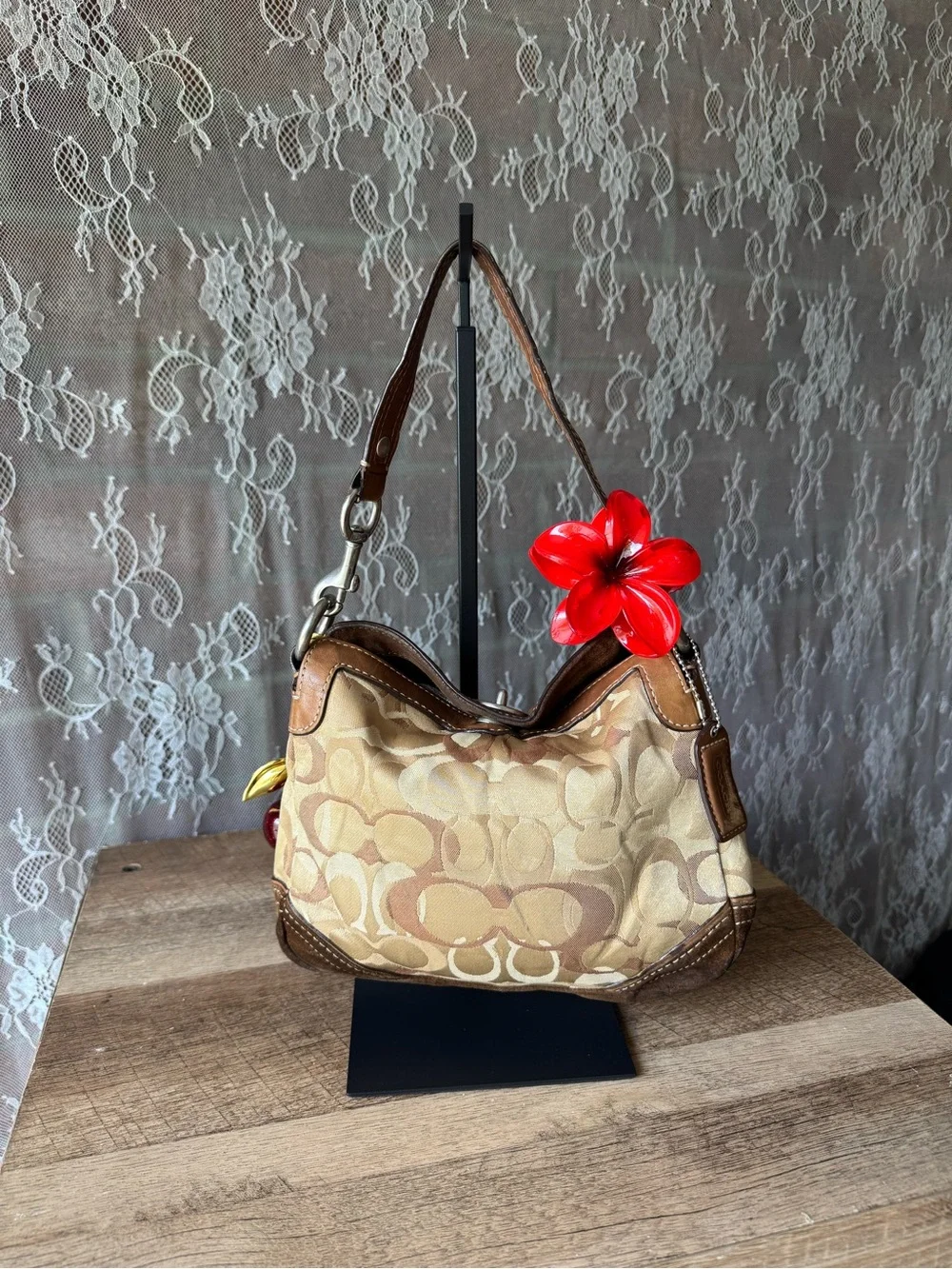 Coach Beige Signature Canvas Shoulder Bag with Brown Trim and Cherry Charm